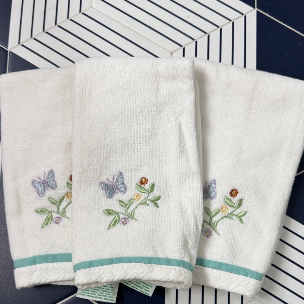 Laura Ashley Home Embroidered White Hand Towels with Butterfly Design